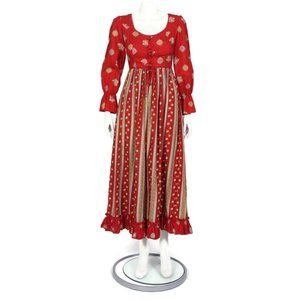 Vtg 70s Lace Up Renaissance Medieval Red Floral Maxi Dress Cottagecore XS /433